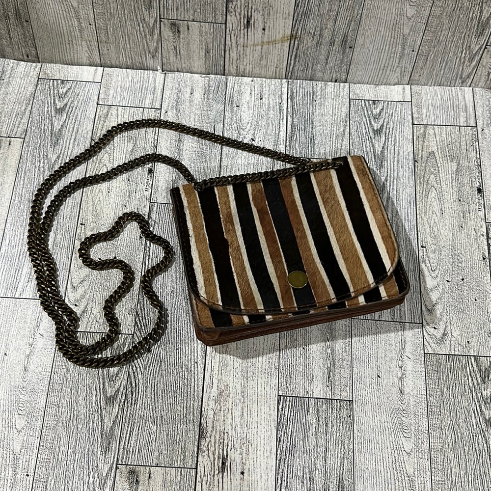 Madewell boho small brown leather fur striped chain purse